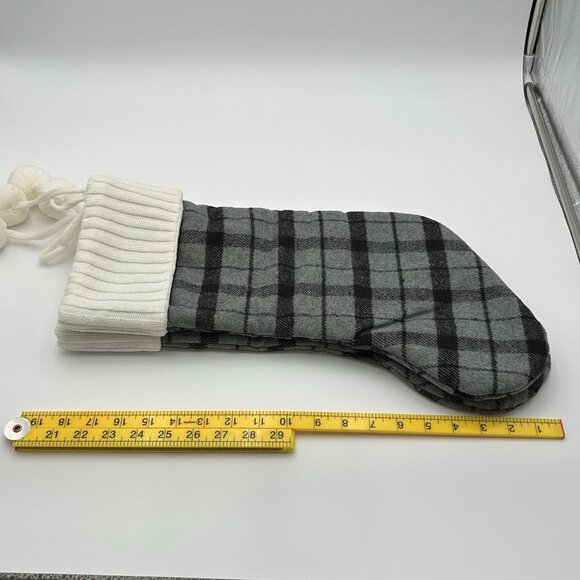 Pair of Joann's Black & White Plaid Christmas Stockings Knit Cuffs w Poms 18-19" - Picture 3 of 6